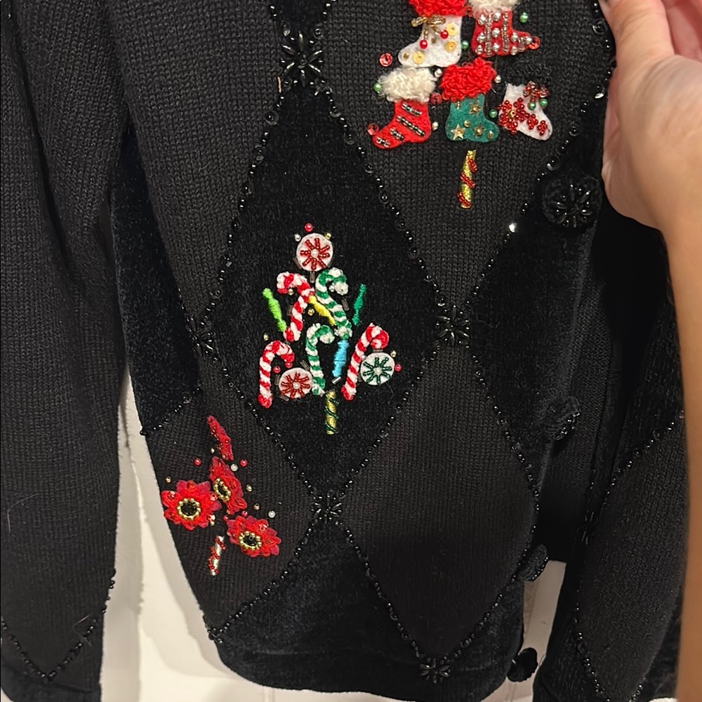 Jack B. Quick Black Festive Cardigan Christmas w/ Sequins beads & fur! - Picture 6 of 11